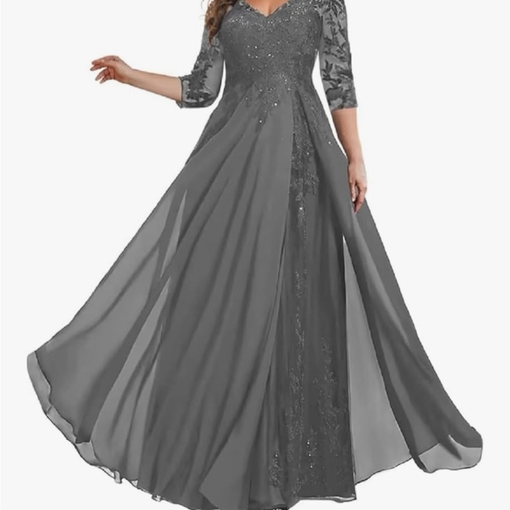 Elegant Gray Evening Gown with beading and 3/4 sleeves and chiffon overskirt